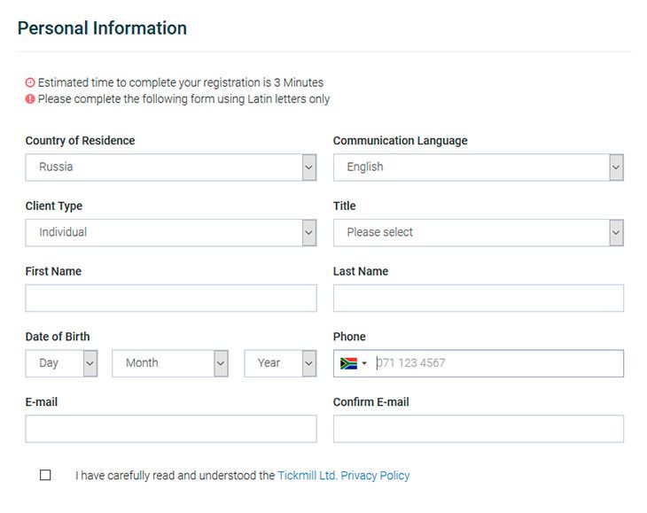 Tickmill account registration